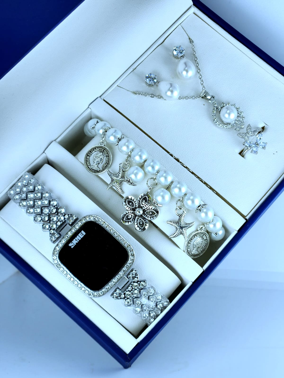 Silver Pearl Watch Combo Gift Set for Women – Stylish Bracelet, Pendant, Ring & Earrings | লেডিস পার্ল ঘড়ি সেট