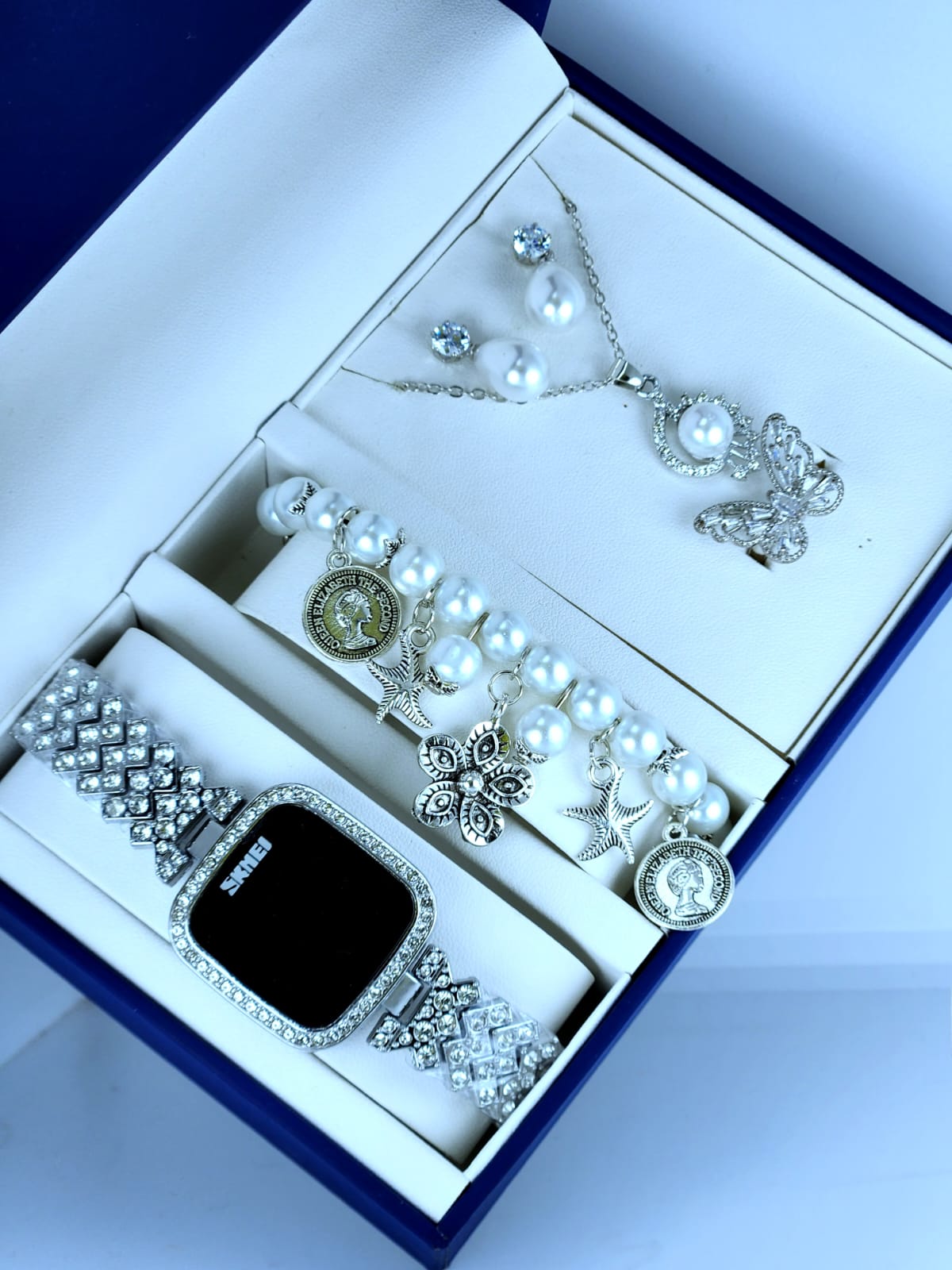 Silver Pearl Watch Combo Gift Set for Women – Stylish Bracelet, Pendant, Ring & Earrings | লেডিস পার্ল ঘড়ি সেট