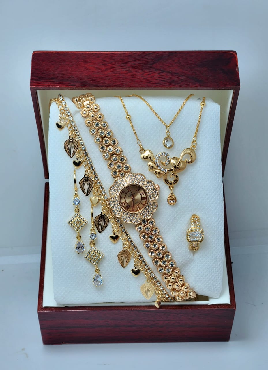 Luxury Gold Plated Ladies Watch Combo Set – Necklace, Earrings, Ring & Bracelet | নারীদের গোল্ড জুয়েলারি গিফট বক্স