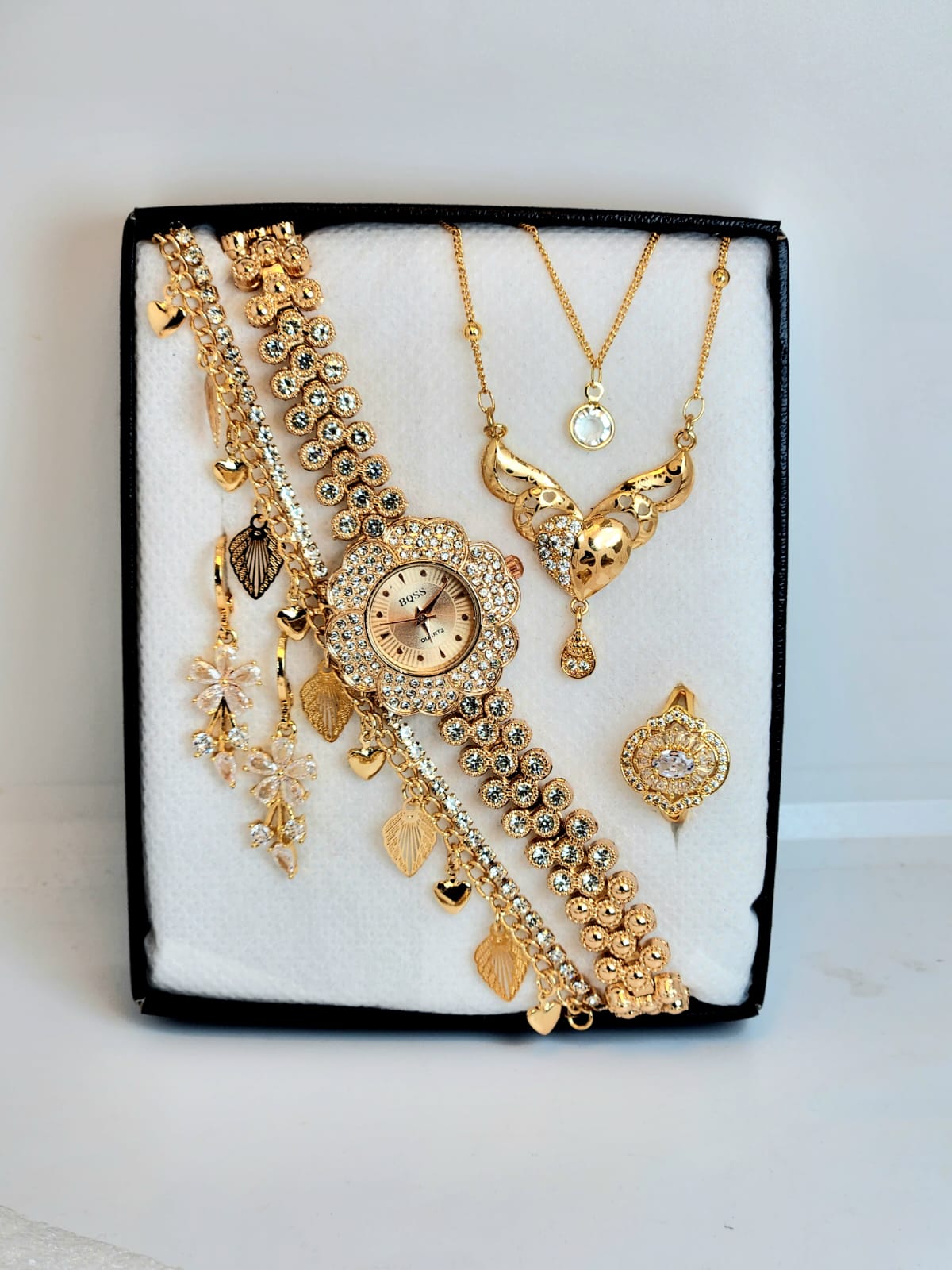 Luxury Gold Plated Ladies Watch Combo Set – Necklace, Earrings, Ring & Bracelet | নারীদের গোল্ড জুয়েলারি গিফট বক্স