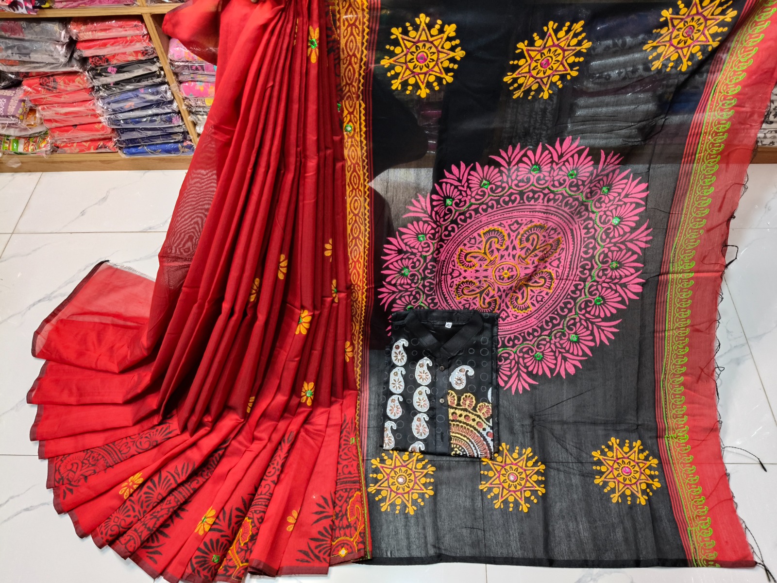 Block Print Embroidered Sharee Panjabi Couple Dress | Elegant Bengali Matching Outfit