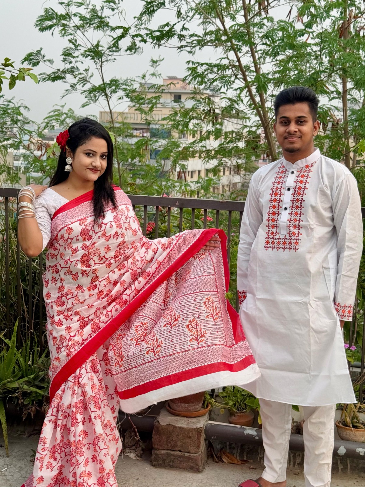 Premium Half Silk Sharee & Panjabi Couple Set | Red White Skin Print Traditional Outfit