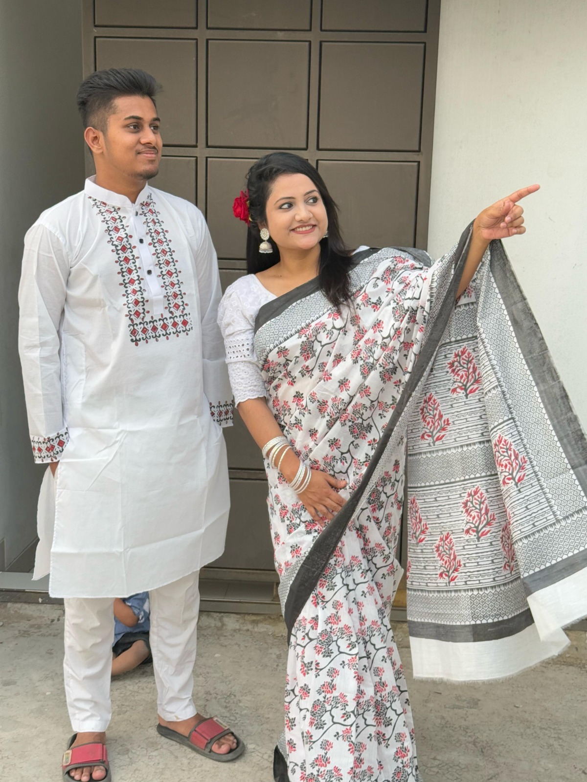 Premium Half Silk Sharee & Panjabi Couple Set | Red White Skin Print Traditional Outfit