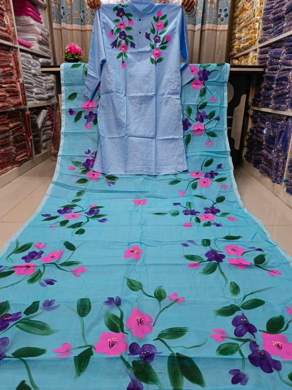 Hand Painted Couple Sharee & Panjabi Set | Half Silk Sharee with Dhupian Panjabi