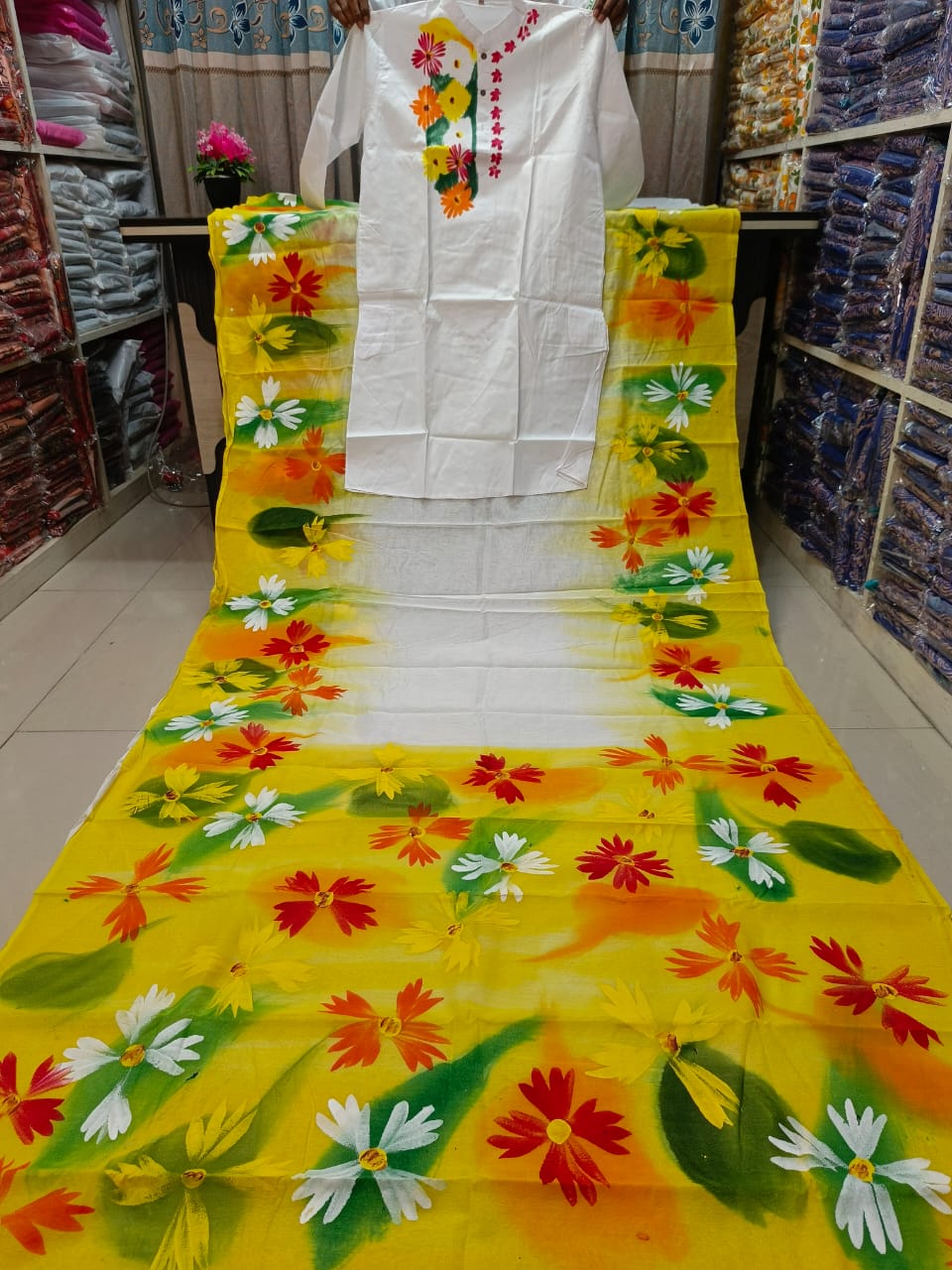 Hand Painted Couple Sharee & Panjabi Set | Half Silk Sharee with Dhupian Panjabi