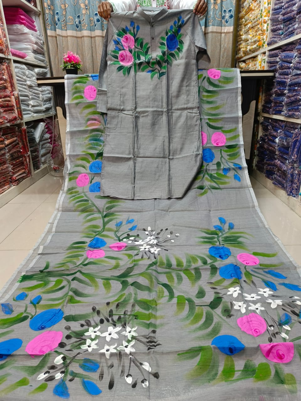 Hand Painted Yellow Couple Sharee Panjabi Set | হাফ সিল্ক শাড়ি ও ধুপিয়ান পাঞ্জাবি কম্বো