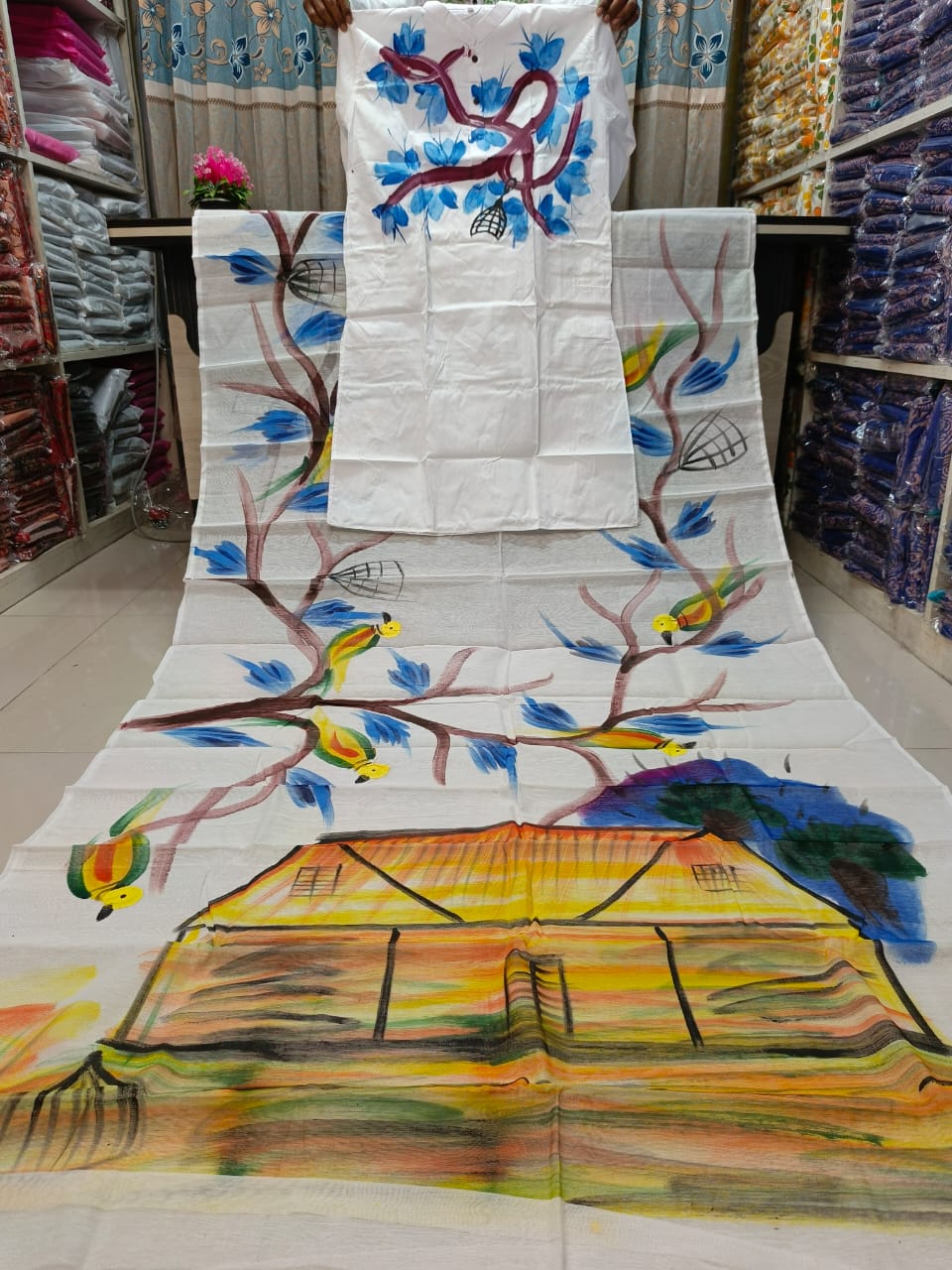 Hand Painted Yellow Couple Sharee Panjabi Set | হাফ সিল্ক শাড়ি ও ধুপিয়ান পাঞ্জাবি কম্বো