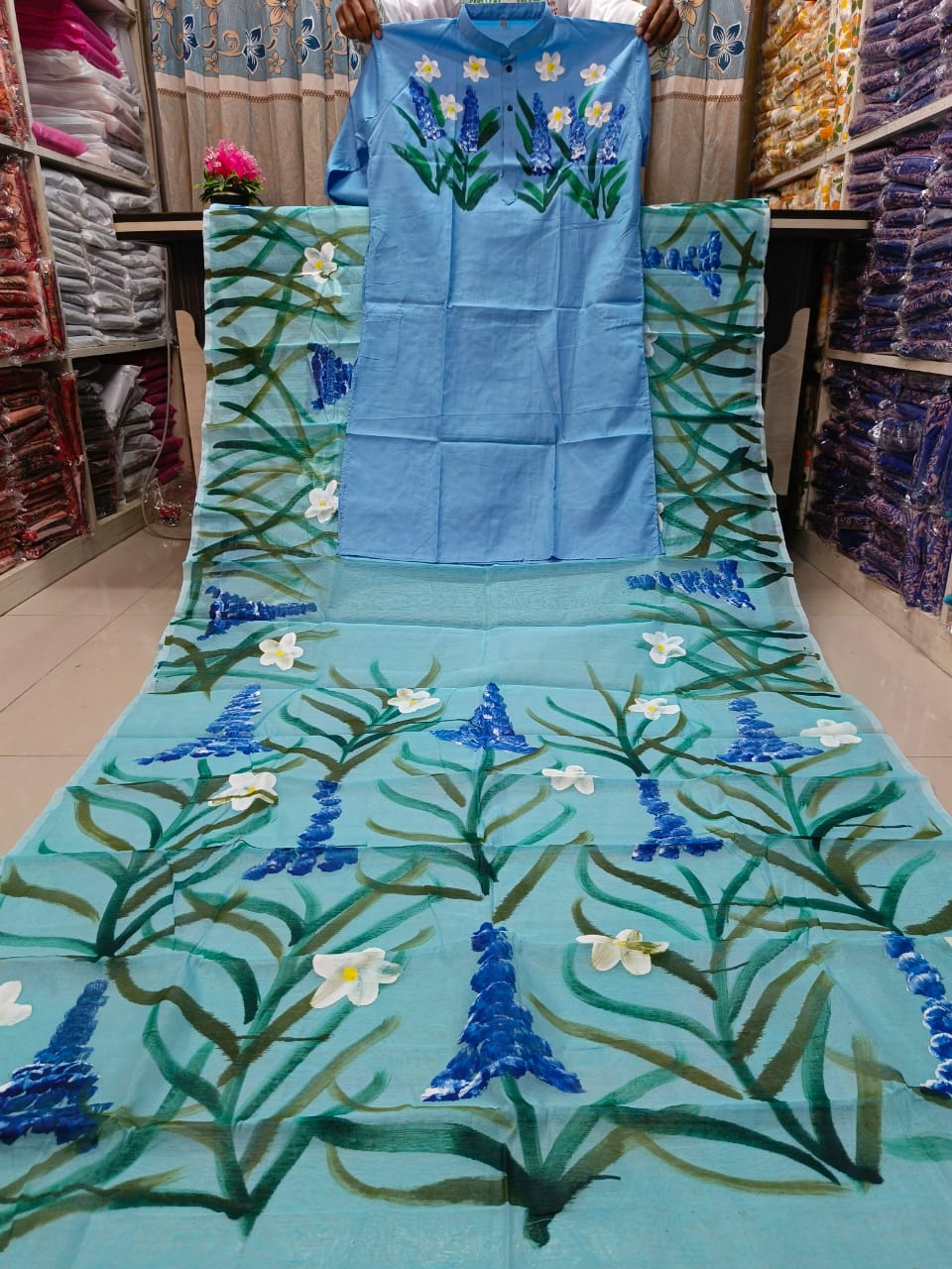 Couple Hand Painted Sharee Panjabi Set | হাফ সিল্ক শাড়ি ও ধুপিয়ান পাঞ্জাবি - ফেস্টিভ পারফেক্ট ড্রেস