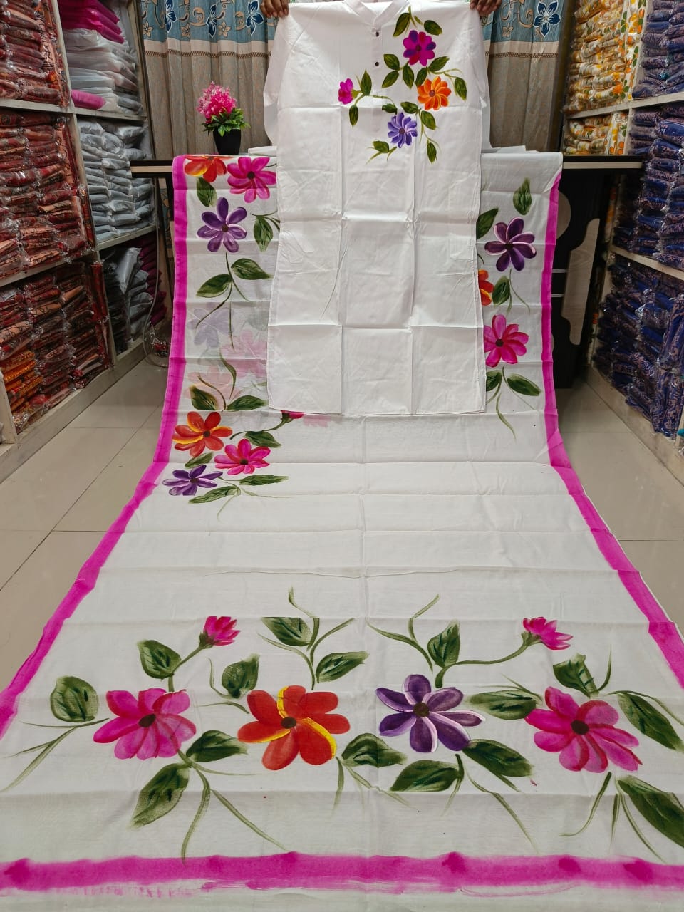 Couple Hand Painted Sharee Panjabi Set | হাফ সিল্ক শাড়ি ও ধুপিয়ান পাঞ্জাবি - ফেস্টিভ পারফেক্ট ড্রেস