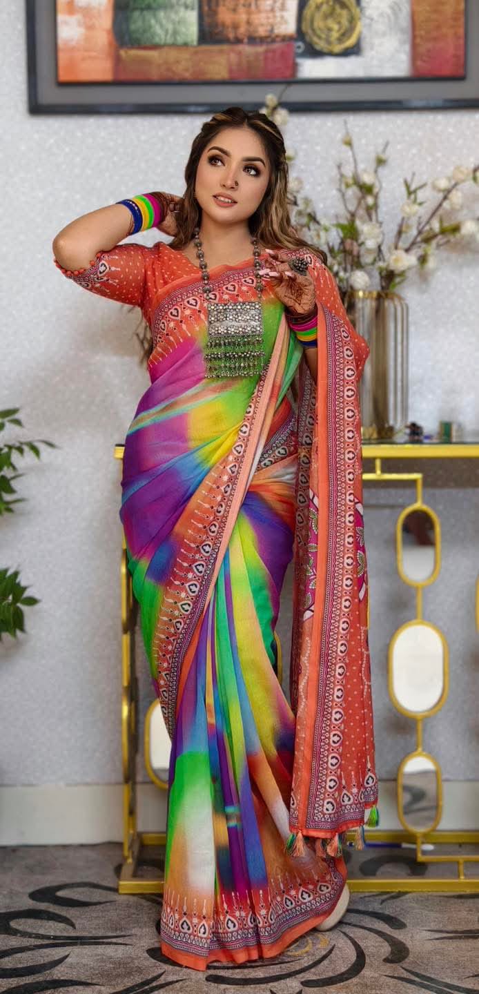 Chanduri Soft Silk Digital Print Saree – ১২.৫ হাত শাড়ি ব্লাউজসহ | Premium Tarsel Anchol Sharee