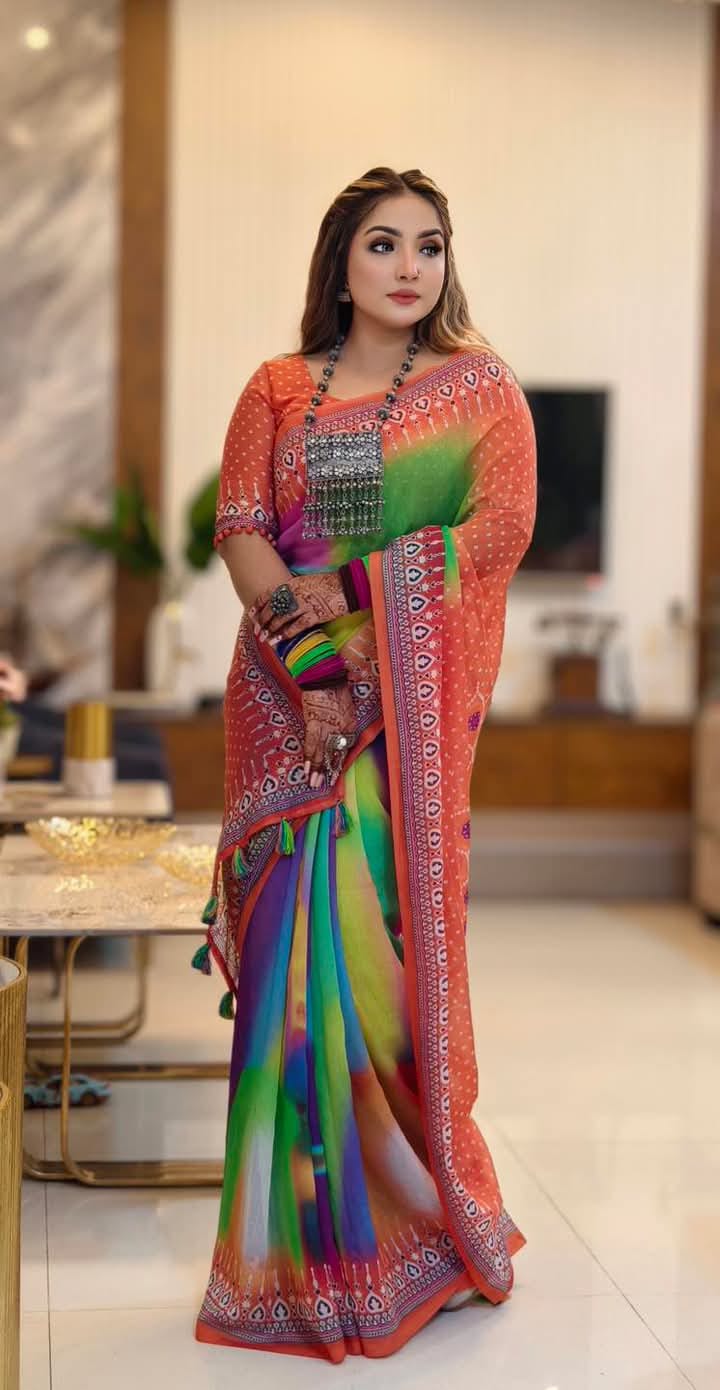 Chanduri Soft Silk Digital Print Saree – ১২.৫ হাত শাড়ি ব্লাউজসহ | Premium Tarsel Anchol Sharee