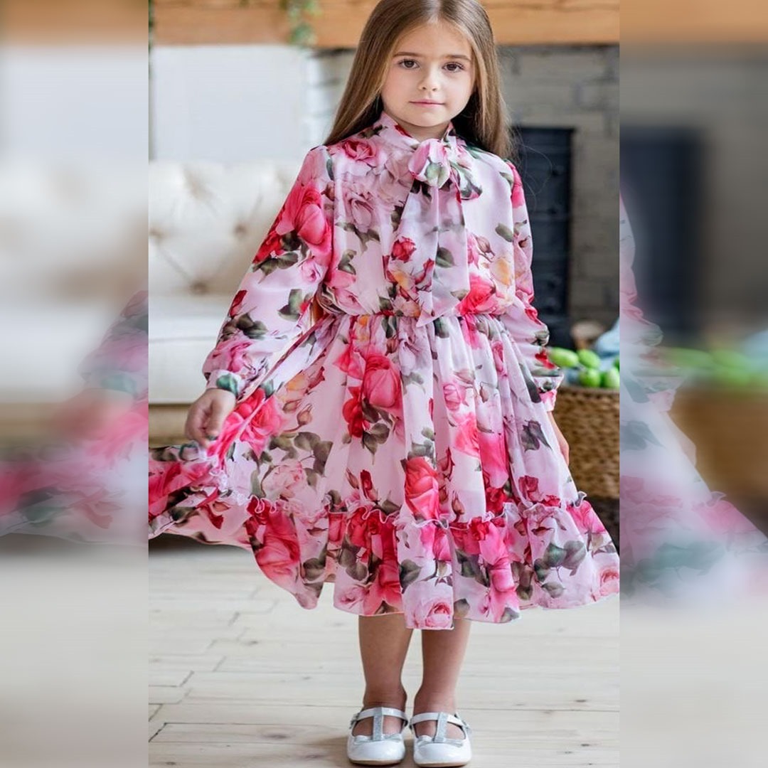 Baby Girl Flower Gown | Elegant 3D Floral Print Dress with Belt | 3-12 Years Premium Linen Gown