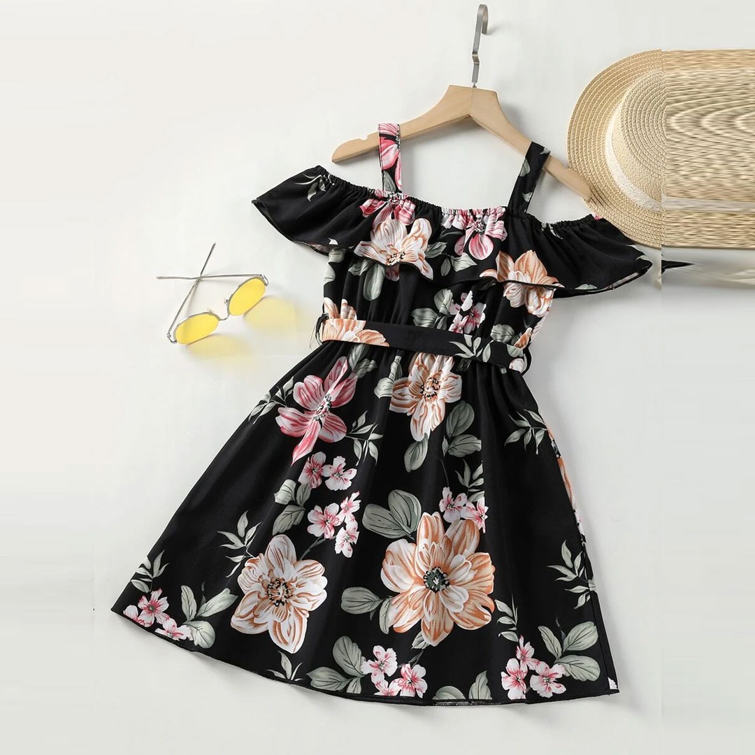 Baby Girl Flower Gown | Elegant 3D Floral Print Dress with Belt | 3-12 Years Premium Linen Gown