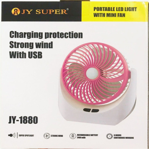Rechargeable Table Fan with LED Light JY 1880 – 6 Inch Lithium Battery Mini Fan | USB Charging | Low-Mid-High Speed