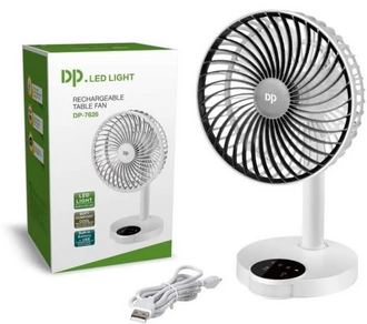 DP 7626 Rechargeable Portable USB Fan with LED Light – 4000mAh Battery